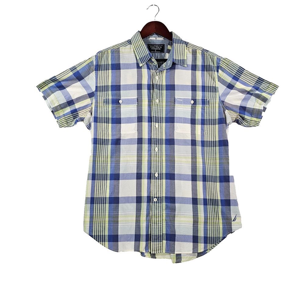 Nautica Mens Button Down Shirt Short Sleeve Collared Plaid Striped Multicolor L